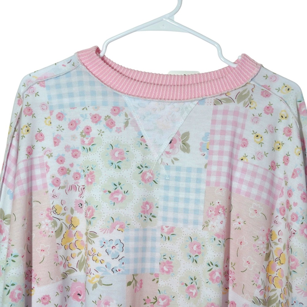 Haptics Oversized Floral Gingham Patchwork Sweatshirt Pink Waffle Back Small NEW - Picture 2 of 6